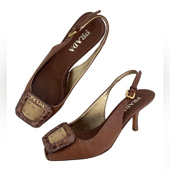 Vintage Prada 90s Logo Raffia Buckle Leather Slingback Sandals Heels Brown 35 5 - Picture 11 of 11